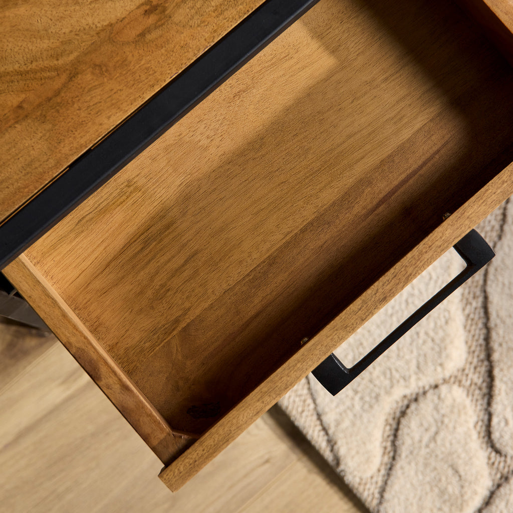 Nachttisch Delta Natur aus Mangoholz,  Natur,  45x40x53 cm – moderner Beistelltisch mit 2 Schubladen & Metallgestell