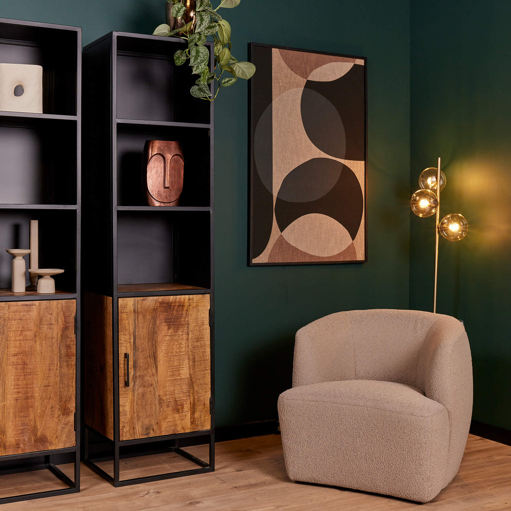 Bücherregal Orlen Mangoholz & Metall 50x40x200 cm – Industrial Regal mit Tür & offenen Fächern