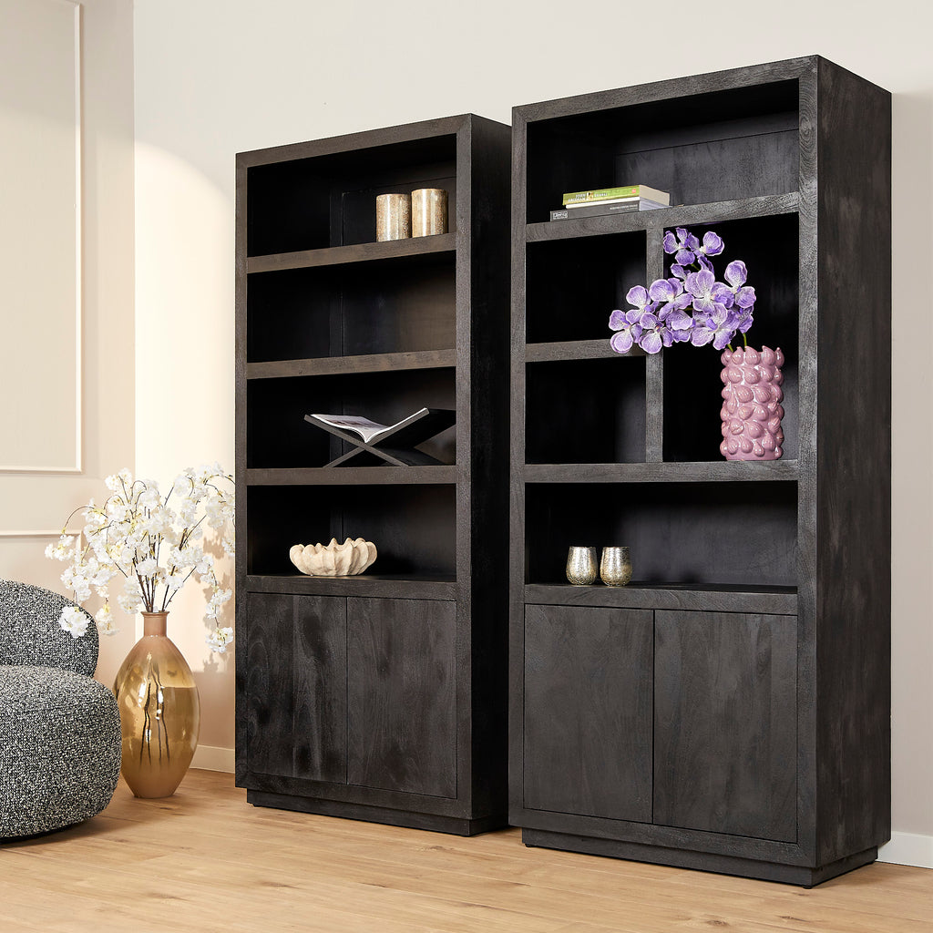 Bücherregal Bali Schwarz – Mangoholz mit modernem Design, 5 offene Fächer & 2 Türen mit Push-to-Open, 90 x 45 x 200 cm