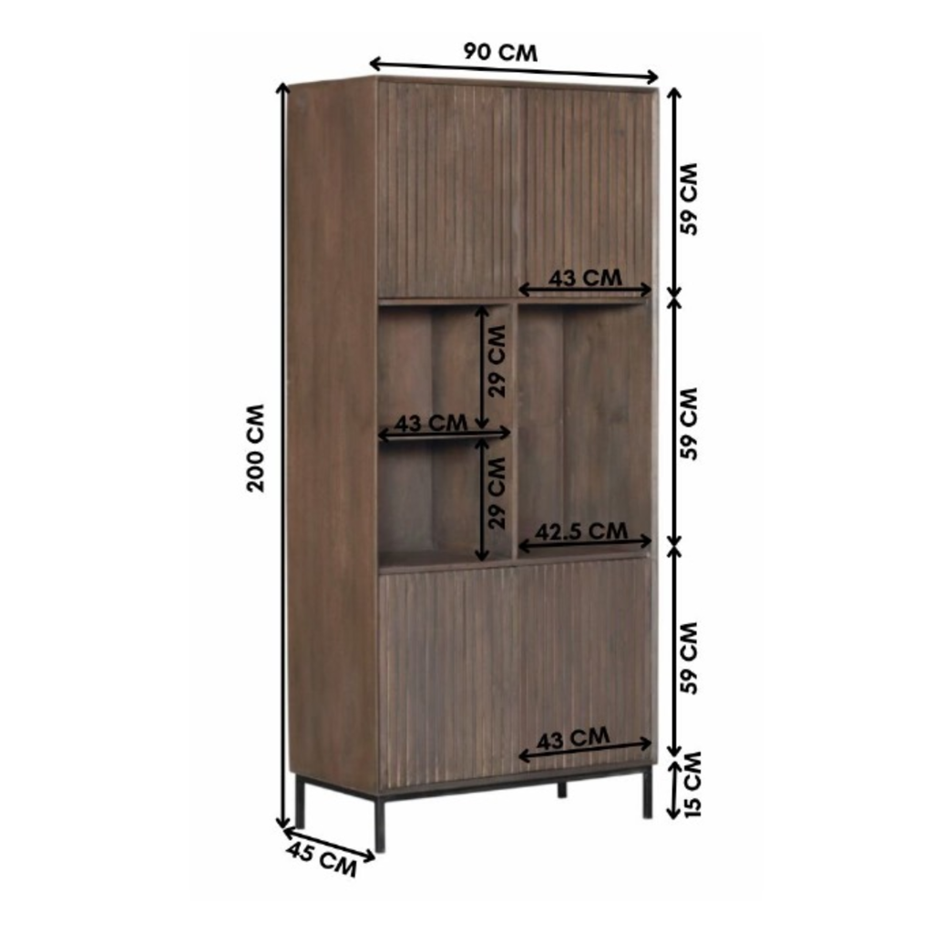 Bücherregal Bali Schwarz – Mangoholz mit modernem Design, 5 offene Fächer & 2 Türen mit Push-to-Open, 90 x 45 x 200 cm