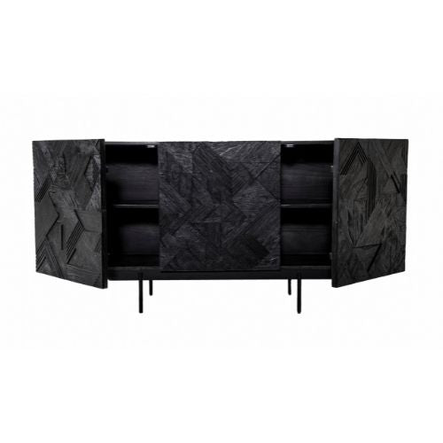 Sideboard Carvon Schwarz – Kommode aus massivem Mangoholz mit geschnitzten Türen & Metallgestell, 168 x 45 x 80 cm