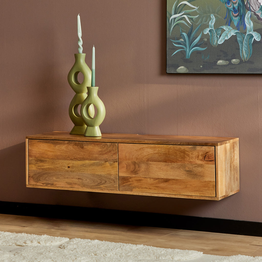 TV-Board Focus Naturel – Schwebendes Lowboard aus Mangoholz mit Push-to-Open Türen, 120 x 35 x 30 cm