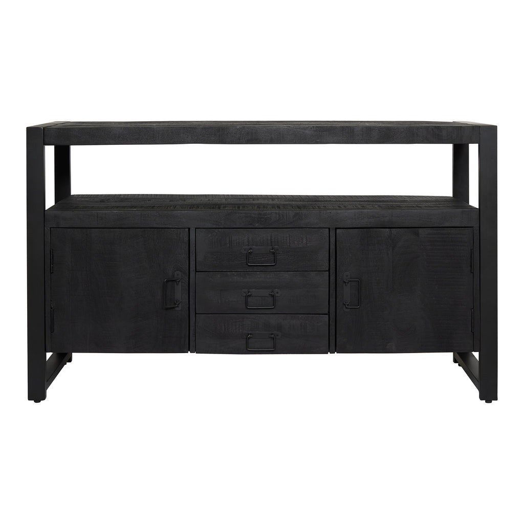 Sideboard Bori Schwarz – Mangoholz Kommode mit Metallgestell & Lamellen-Optik, 135×80×45 cm, 3 Schubladen & 2 Türen. Stilvolles Möbelstück im modernen Design