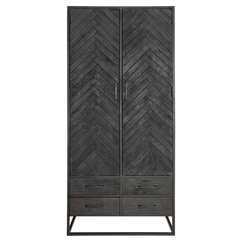 Highboard Sydney Schwarz – Mangoholz mit Fischgrätenmuster, 2 Türen, 4 Schubladen & Regale, 90 x 45 x 200 cm