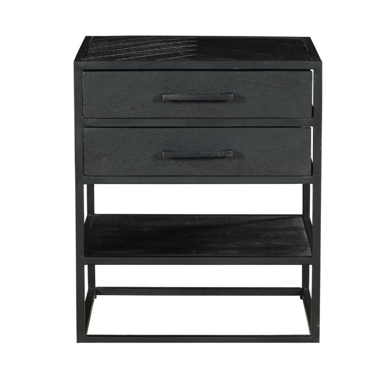 Nachttisch Sydney Schwarz – Beistelltisch aus Mangoholz & Metall mit 2 Schubladen, Fischgrät-Muster & Ablage, 45×40×53 cm