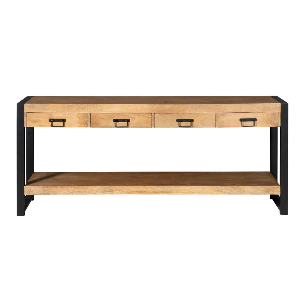 Konsolentisch Bori Schwarz – Mangoholz Tisch 180×76×35 cm mit 4 Schubladen & modernem Metallgestell