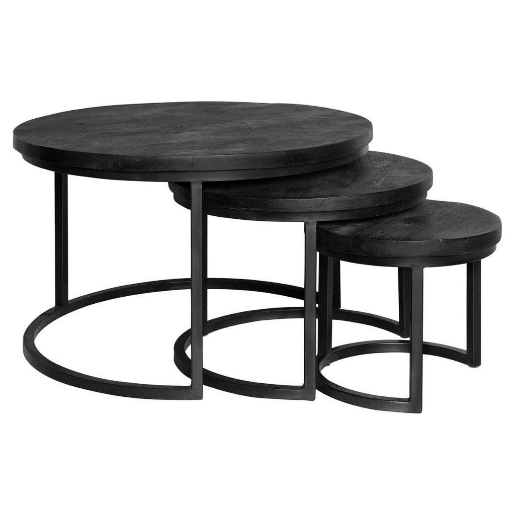 Couchtisch-Set Triole All Black – 3 runde Tische aus Mangoholz mit schwarzem Gestell, Ø70/50/35 cm, modernes Design für stilvolle Wohnzimmer