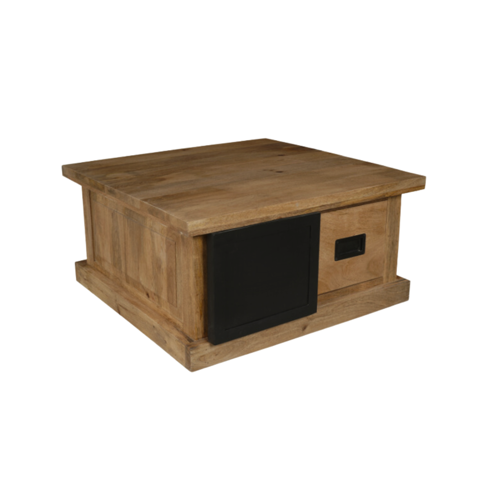 Couchtisch Nizza – moderner Salontisch aus Mangoholz & Metall mit Türen und Schubladen, 80 x 80 x 45 cm
