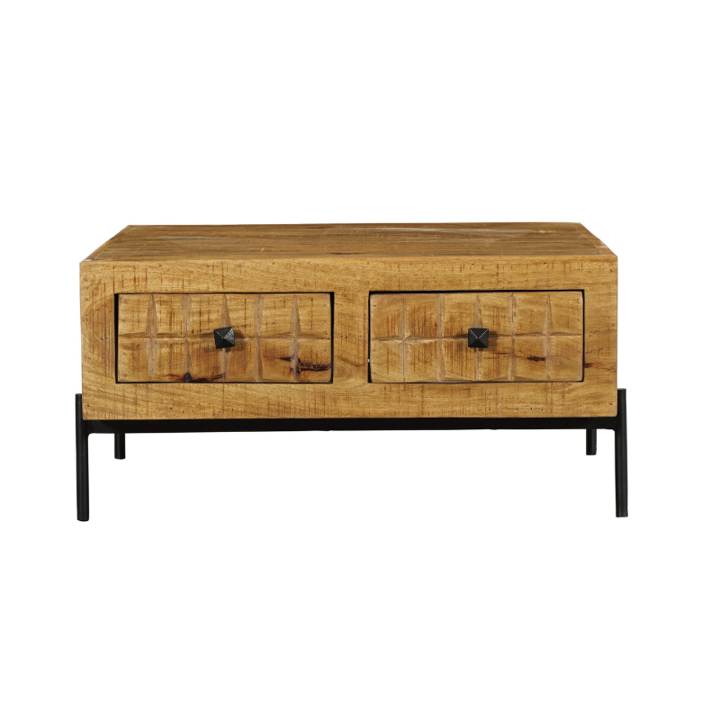 Couchtisch Jacky Natur  – Mangoholz, 4 Schubladen, 80 x 80 x 40 cm