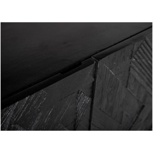 Sideboard Carvon Schwarz – Kommode aus massivem Mangoholz mit geschnitzten Türen & Metallgestell, 168 x 45 x 80 cm