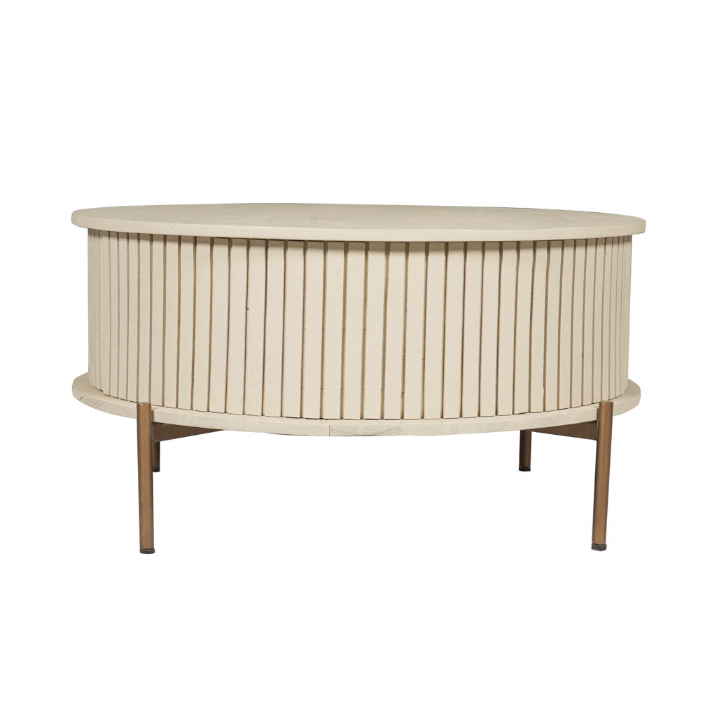 Couchtisch Mandy Sand 80x80x40 cm – Mangoholz mit Sandfinish, 2 Schubladen & bronzefarbenem Metallgestell