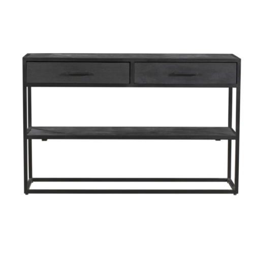 Konsolentisch Sydney – Mangoholz & Metall Schwarz, 120 x 35 x 76 cm, mit 2 Schubladen & Regal im Industriedesign