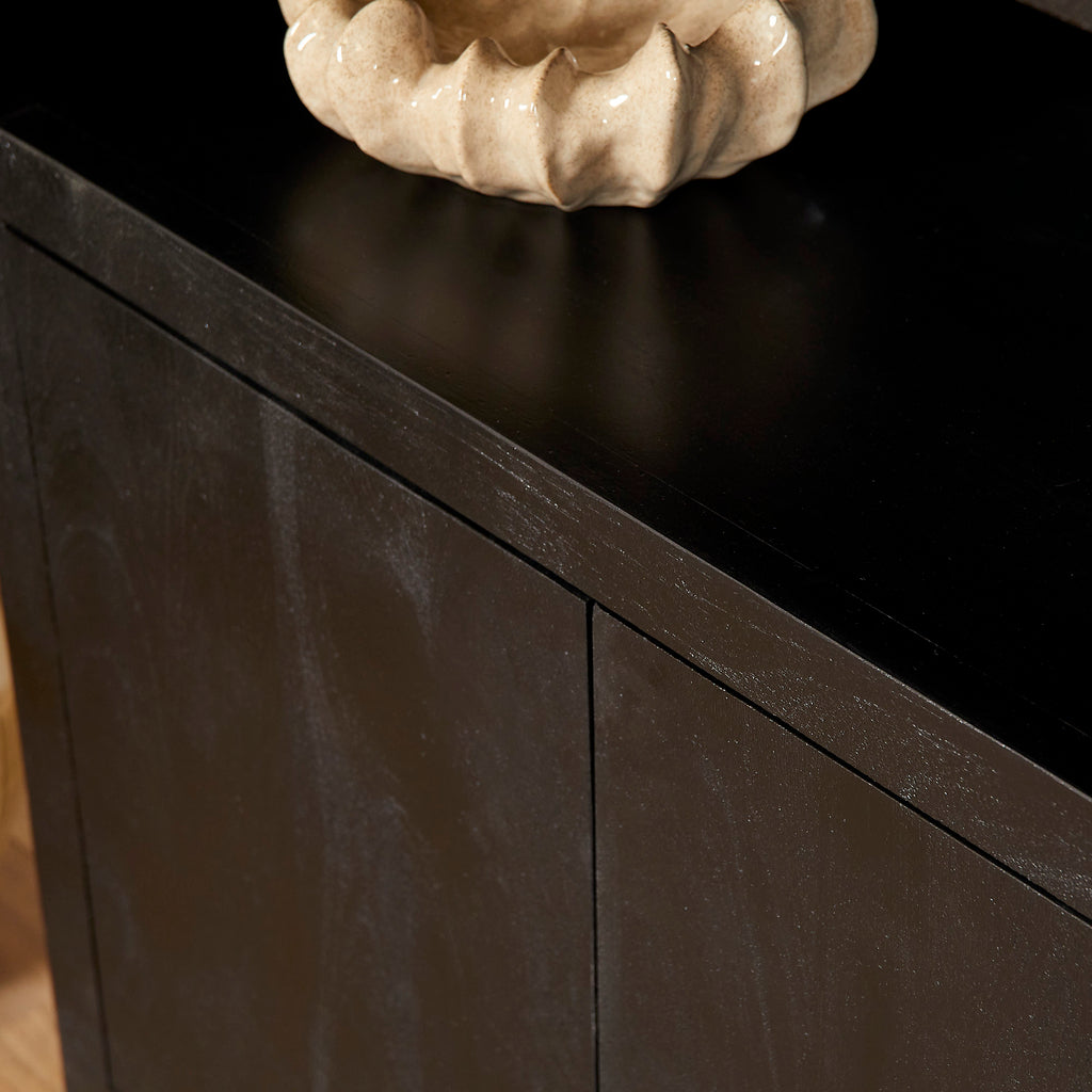 Bücherregal Bali Schwarz – Mangoholz Schrank 90×200×45 cm mit 4 offenen Fächern, 2 Türen & Push-to-Open-System