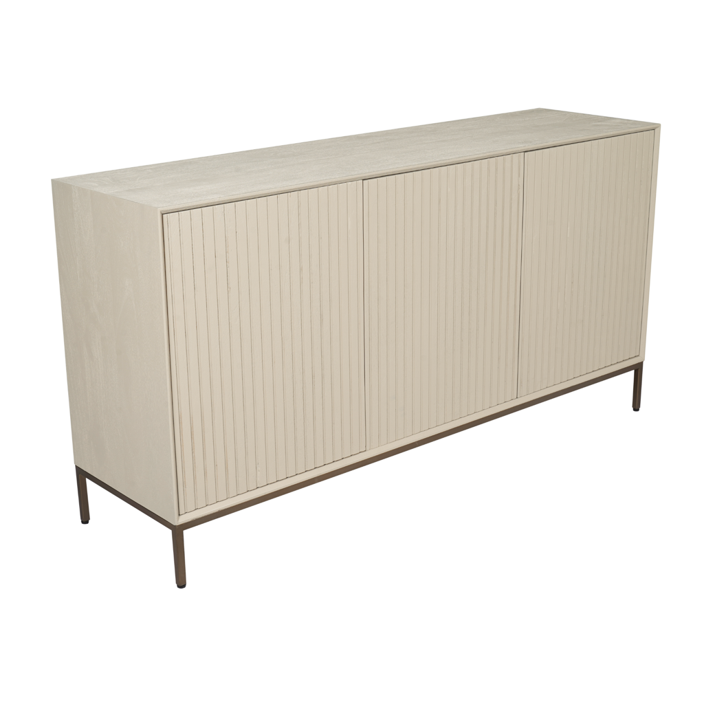 Sideboard Mandy Sand 165x45x85 cm – Mangoholz Kommode mit Lamellenfront & elegantem Metallrahmen