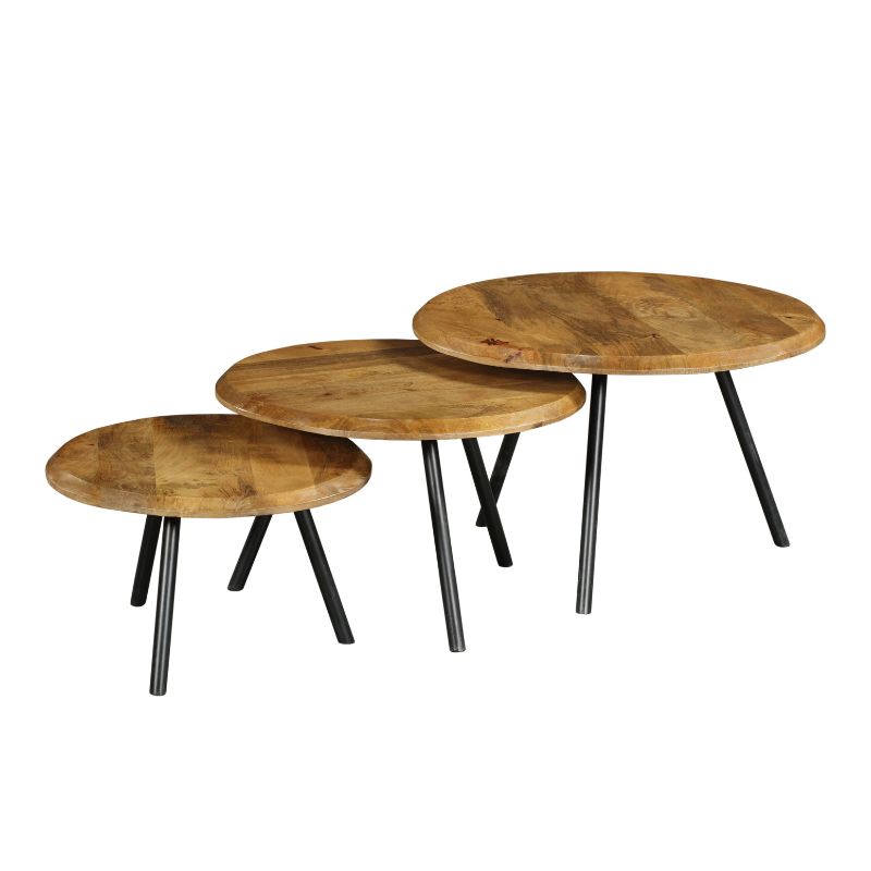 Couchtisch-Set Hawaii – 3 Tische aus Mangoholz & Metall, Ø70/Ø60/Ø50 cm, rundes Tisch-Set im modernen Design