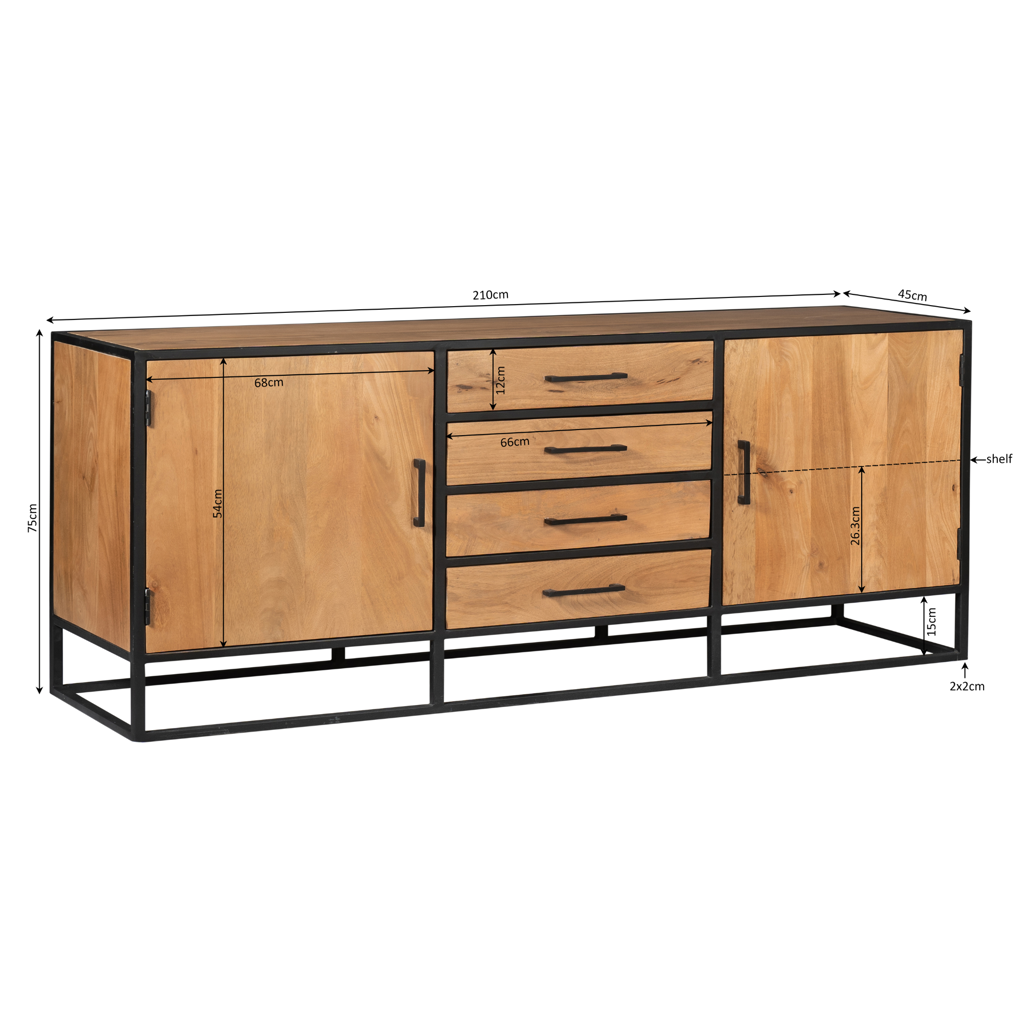 Sideboard Delta Natur – Mangoholz & Metall, 2 Türen & 4 Schubladen, schwarzer Rahmen, 210 x 45 x 75 cm