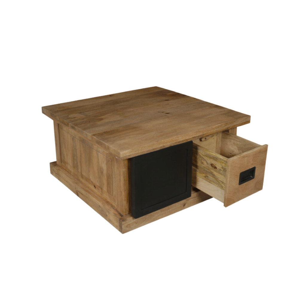 Couchtisch Nizza – moderner Salontisch aus Mangoholz & Metall mit Türen und Schubladen, 80 x 80 x 45 cm