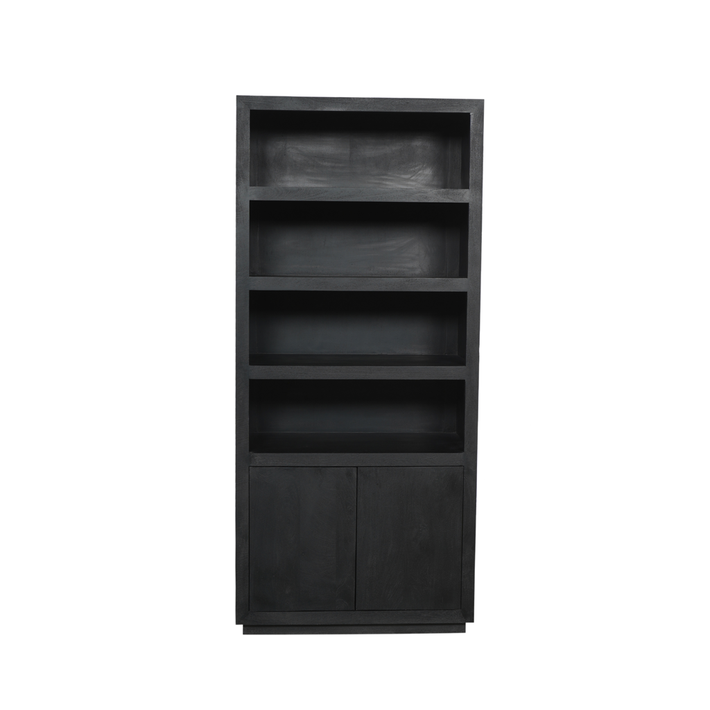 Bücherregal Bali Schwarz – Mangoholz Schrank 90×200×45 cm mit 4 offenen Fächern, 2 Türen & Push-to-Open-System