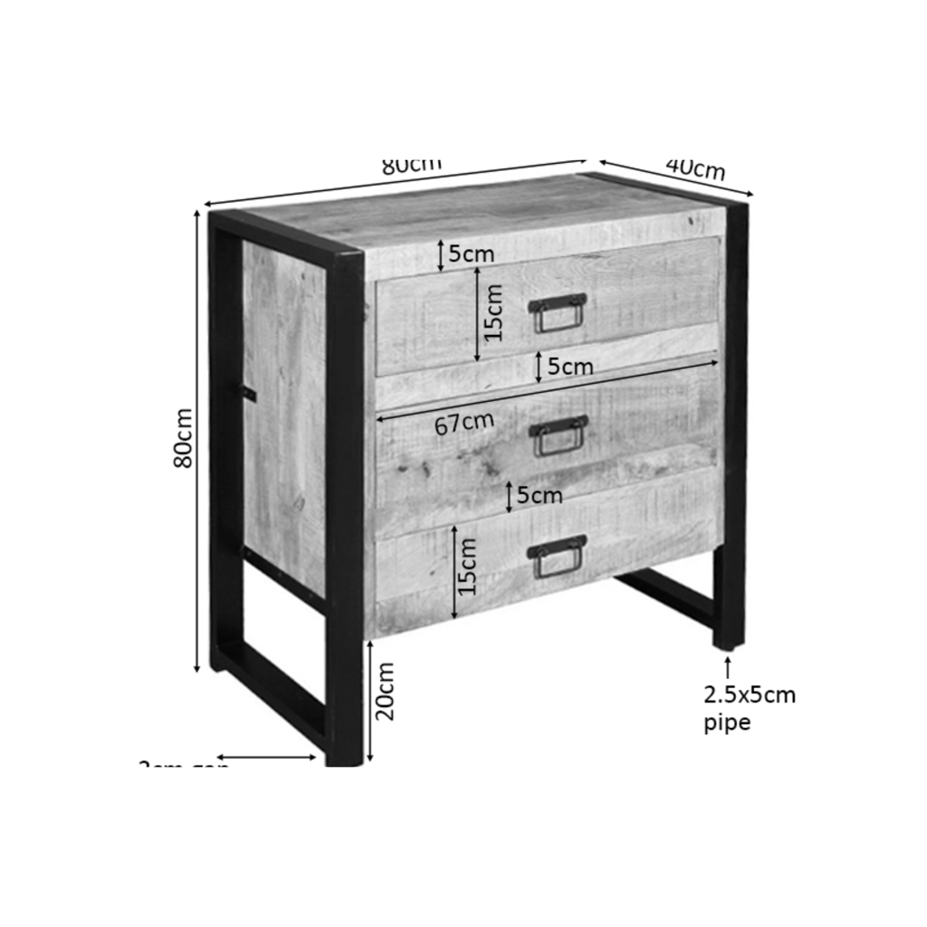 Kommode Bori Natur – Mangoholz mit 3 Schubladen & schwarzem Metall, 80 x 40 x 80 cm