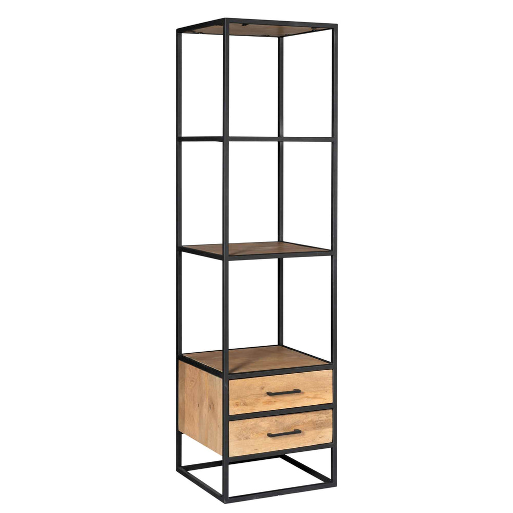 Bücherregal Delta Natur – Mangoholz Regal mit 2 Schubladen & Ablagen, 55×45×200 cm, Metallrahmen schwarz