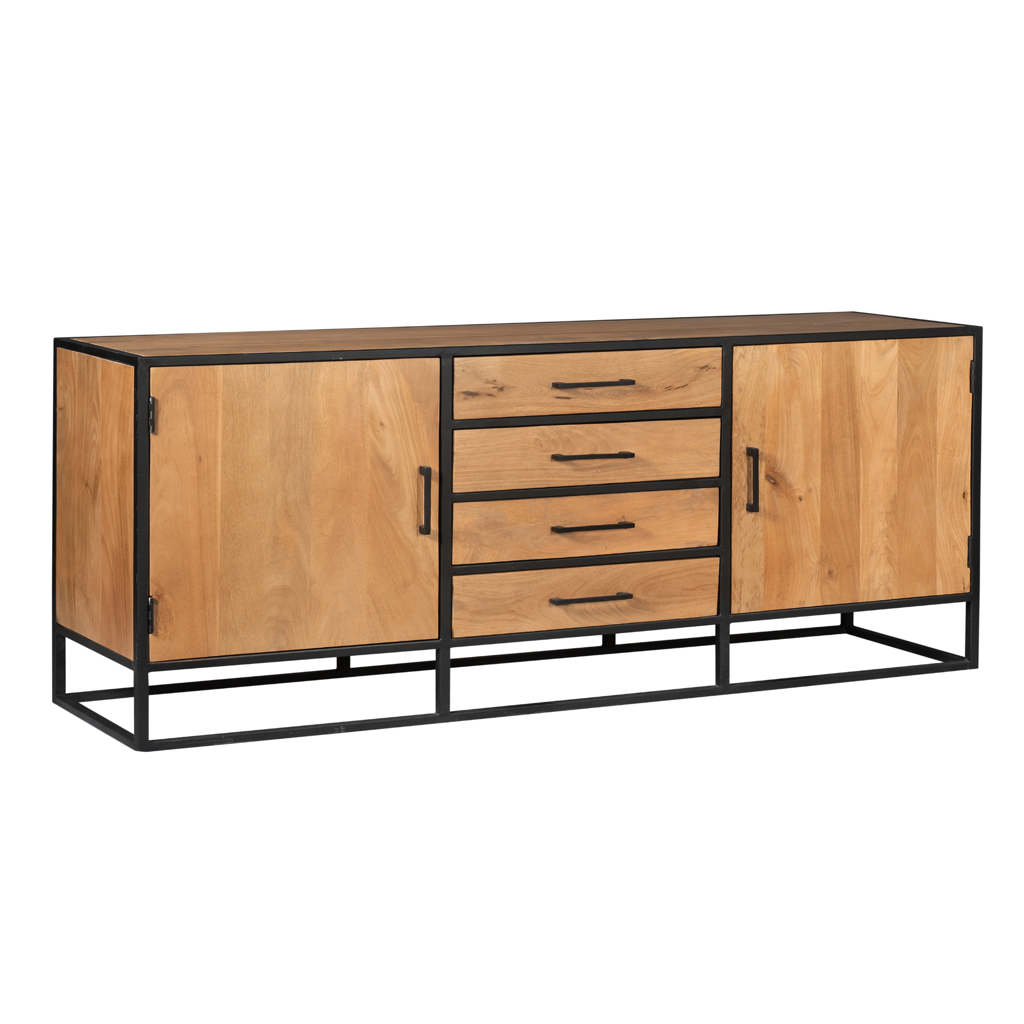 Sideboard Delta Natur – Mangoholz & Metall, 2 Türen & 4 Schubladen, schwarzer Rahmen, 210 x 45 x 75 cm