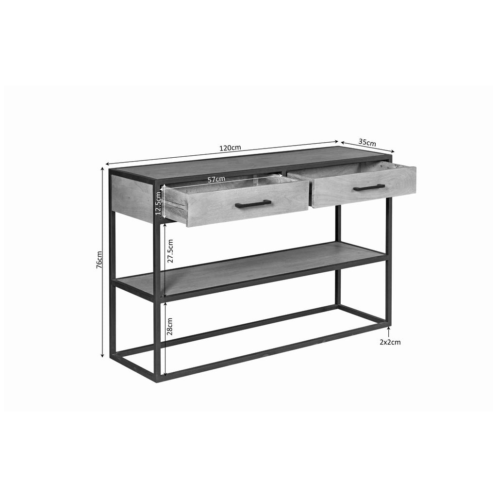 Konsolentisch Delta Natur – Mangoholz & Metall mit 2 Schubladen & Ablage, 120 x 35 x 76 cm