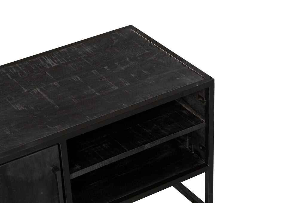 TV-Board Delta Schwarz 100 x 45 x 50 cm – Mangoholz mit Tür & offenem Fach