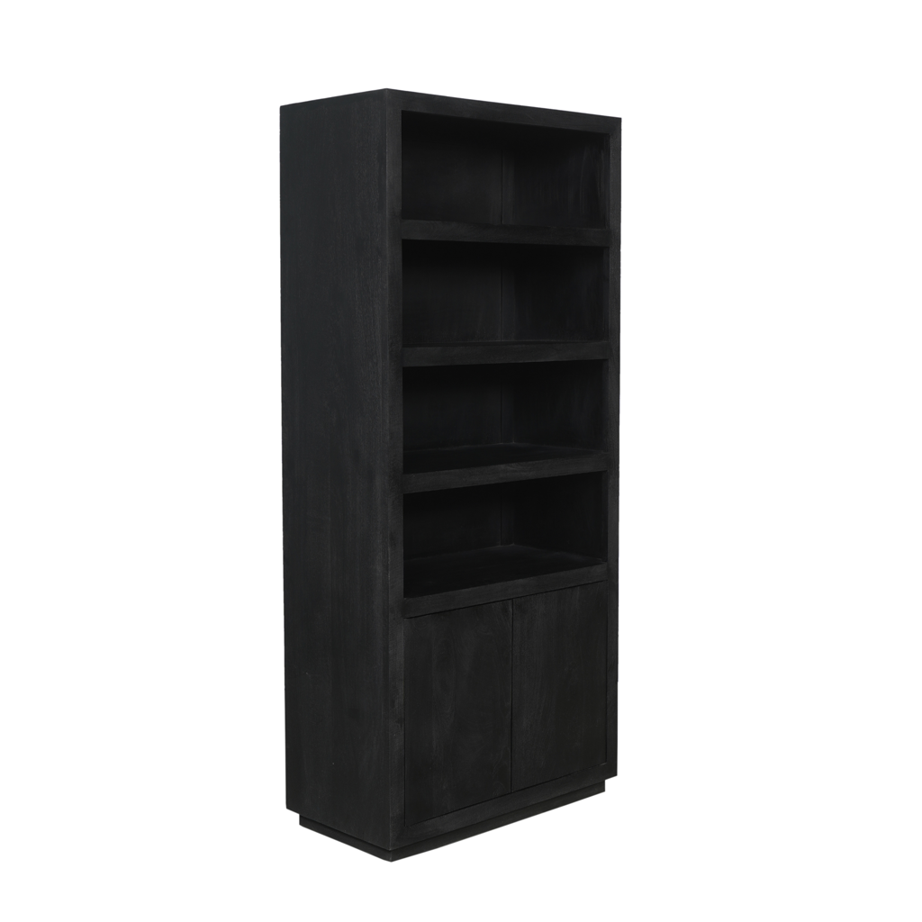 Bücherregal Bali Schwarz – Mangoholz Schrank 90×200×45 cm mit 4 offenen Fächern, 2 Türen & Push-to-Open-System