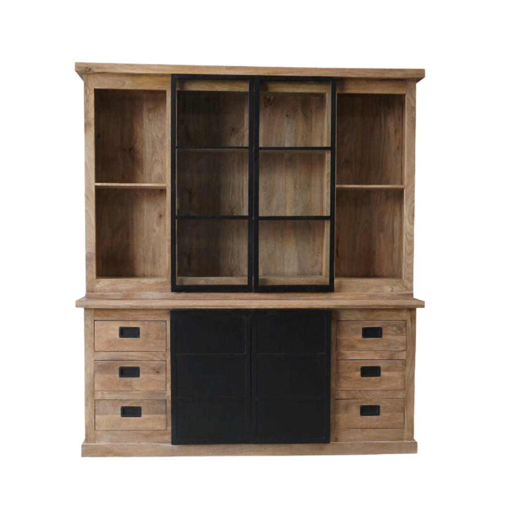 Vitrinenschrank Nizza 200x45x220 cm – Mangoholz Schrank mit 2 Türen & 6 Schubladen im modernen Design