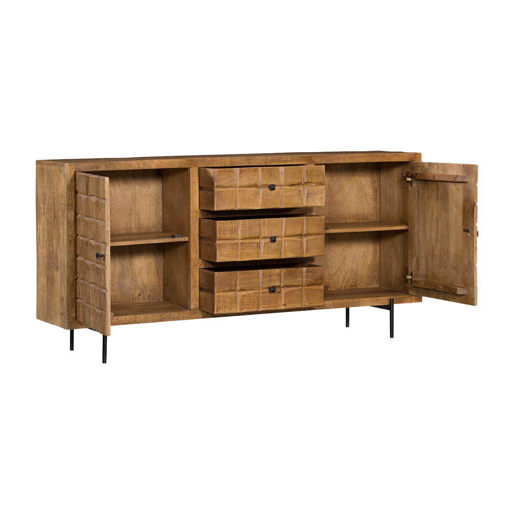 Sideboard Jacky Natur  – Mangoholz mit Metallbeinen, 2 Türen & 3 Schubladen, geschnitztes Blockmuster, 160 x 40 x 90 cm