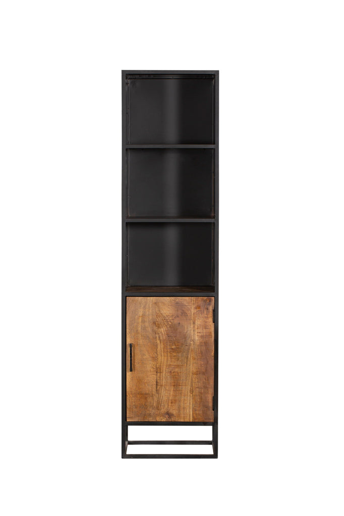 Bücherregal Orlen Mangoholz & Metall 50x40x200 cm – Industrial Regal mit Tür & offenen Fächern