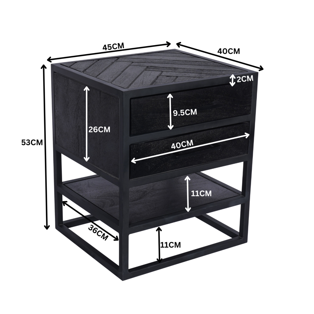 Nachttisch Sydney Schwarz – Beistelltisch aus Mangoholz & Metall mit 2 Schubladen, Fischgrät-Muster & Ablage, 45×40×53 cm