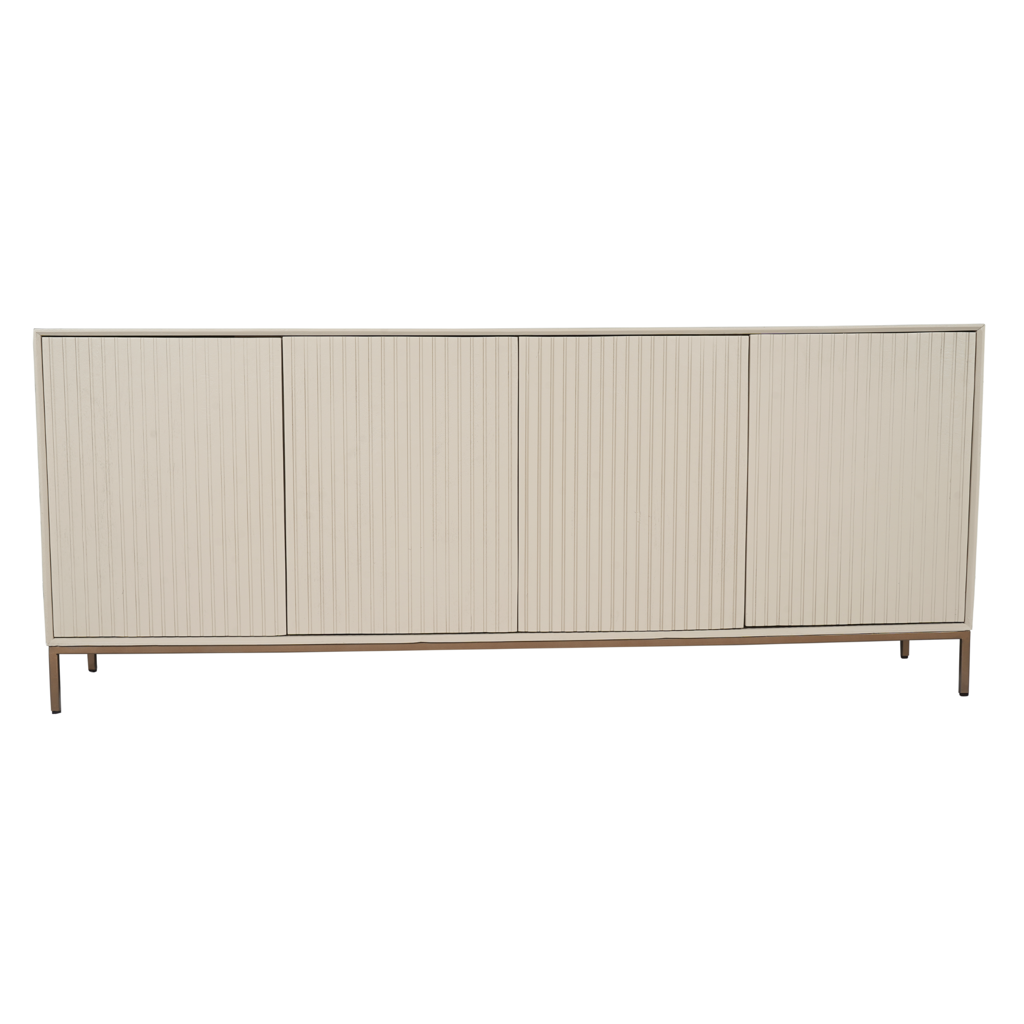 Sideboard Mandy Sand – Design-Kommode aus Mangoholz mit vertikalem Lattenmuster & bronzefarbenem Metallgestell, 210 x 45 x 85 cm