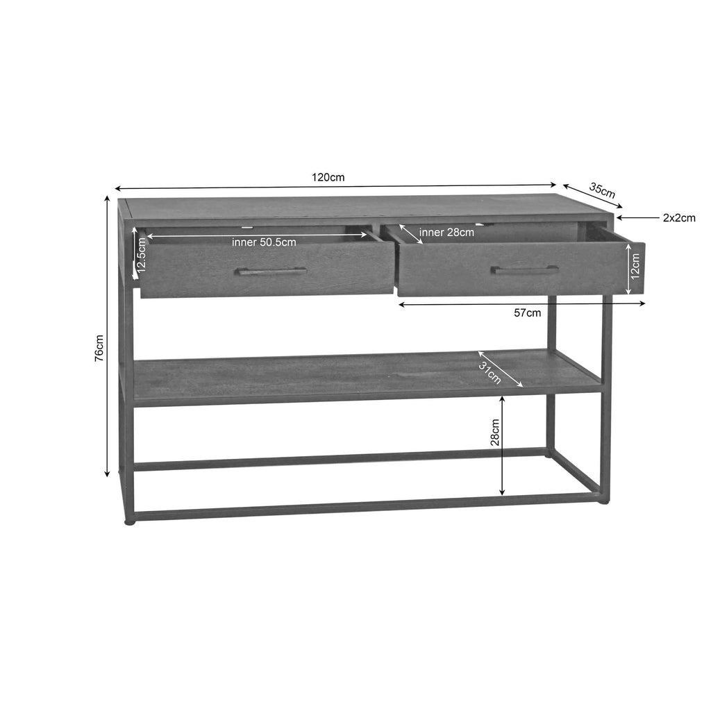 Konsolentisch Delta Natur – Mangoholz & Metall mit 2 Schubladen & Ablage, 120 x 35 x 76 cm