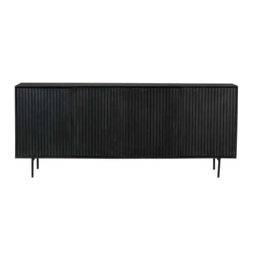 Sideboard Mandy Schwarz – Mangoholz mit Metallrahmen, 4 Türen im Lamellen-Design, modernes Lowboard 210 x 45 x 85 cm