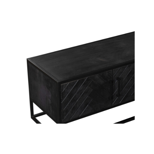 TV Board Sydney Schwarz – Lowboard aus Mangoholz & Metall mit Fischgrätmuster, 4 Türen, 1 Schublade & Fach, 240 x 45 x 50 cm