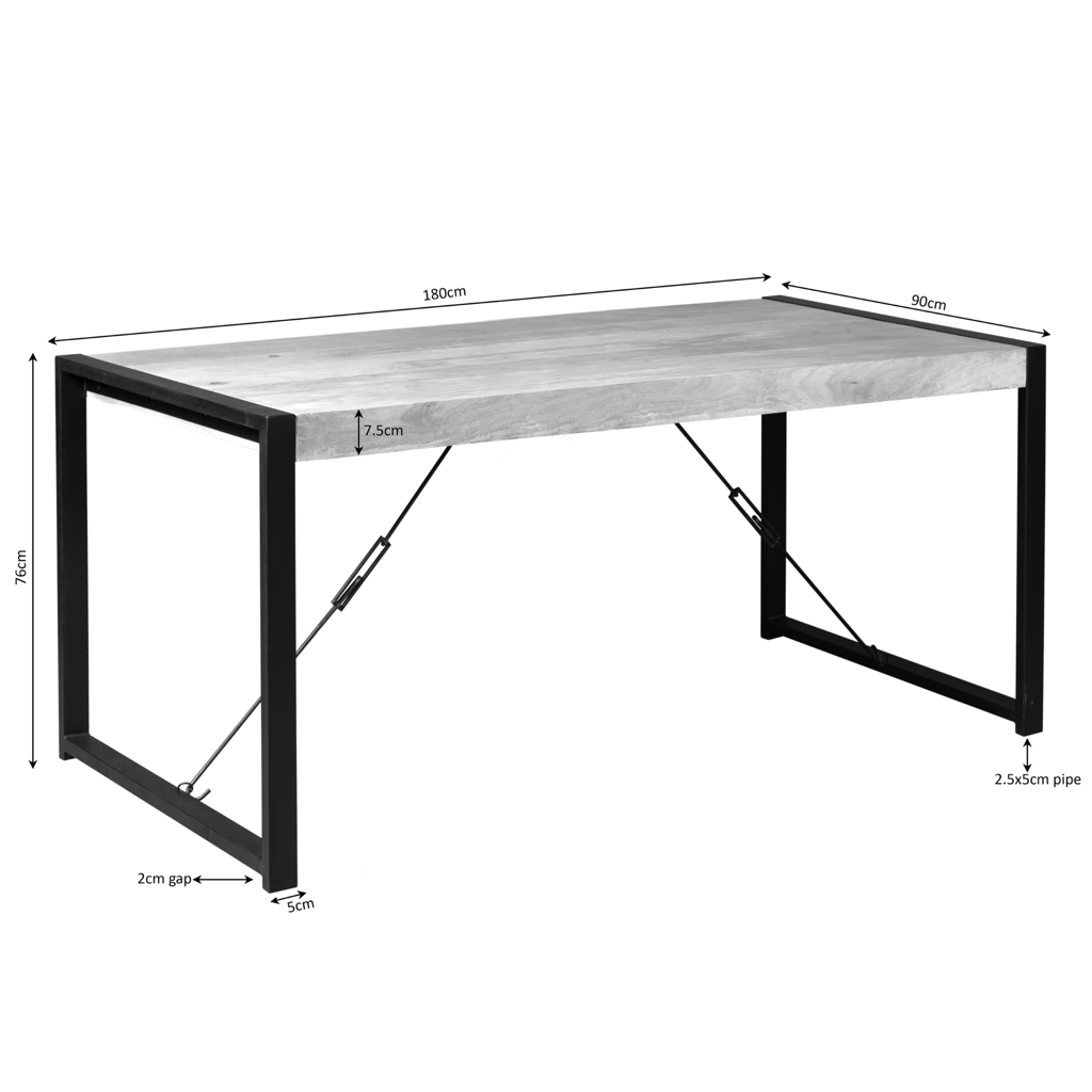 Esstisch Bori Natur 180×90 cm – Mangoholz Tisch mit 8 cm Platte & U-Gestell Metall schwarz, 76 cm Höhe, rechteckig