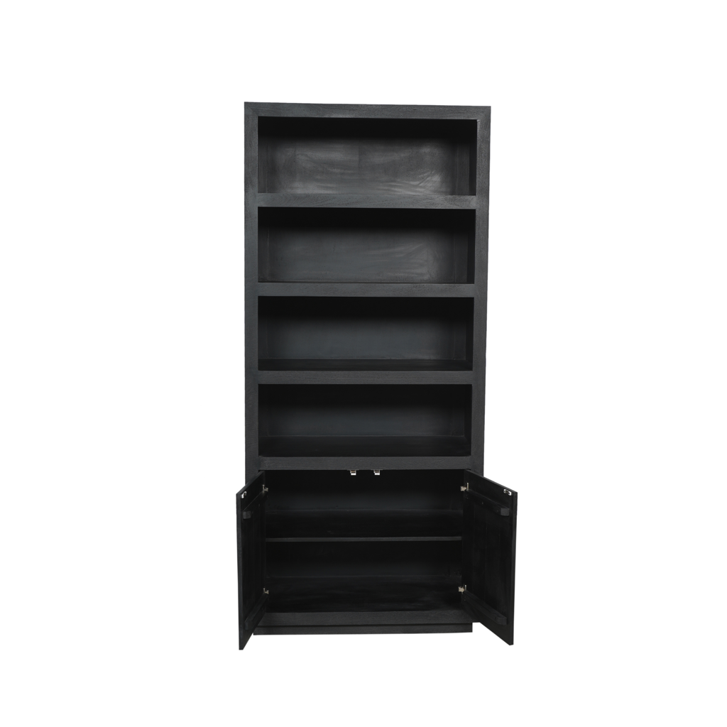 Bücherregal Bali Schwarz – Mangoholz Schrank 90×200×45 cm mit 4 offenen Fächern, 2 Türen & Push-to-Open-System