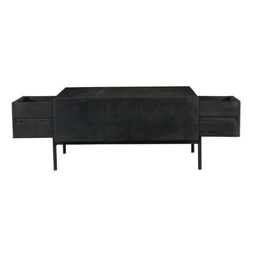 Couchtisch Mandy Schwarz 80x80x40 cm – Massives Mangoholz mit Schubladen, offenem Fach & schwarzen Metallbeinen