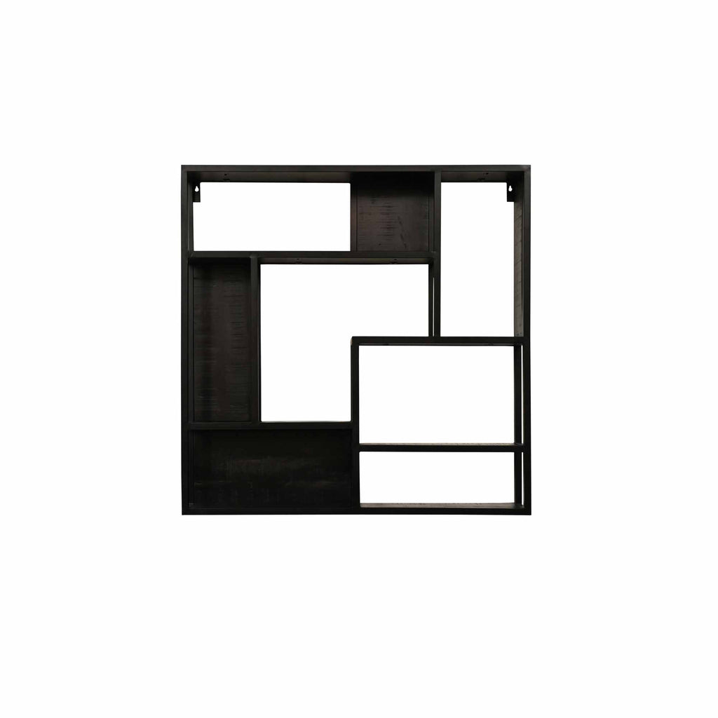 Wandregal Sydney – Regal aus schwarzem Mangoholz & Metallgestell, 75×16×75 cm, modernes Hängeregal im Industrial-Design
