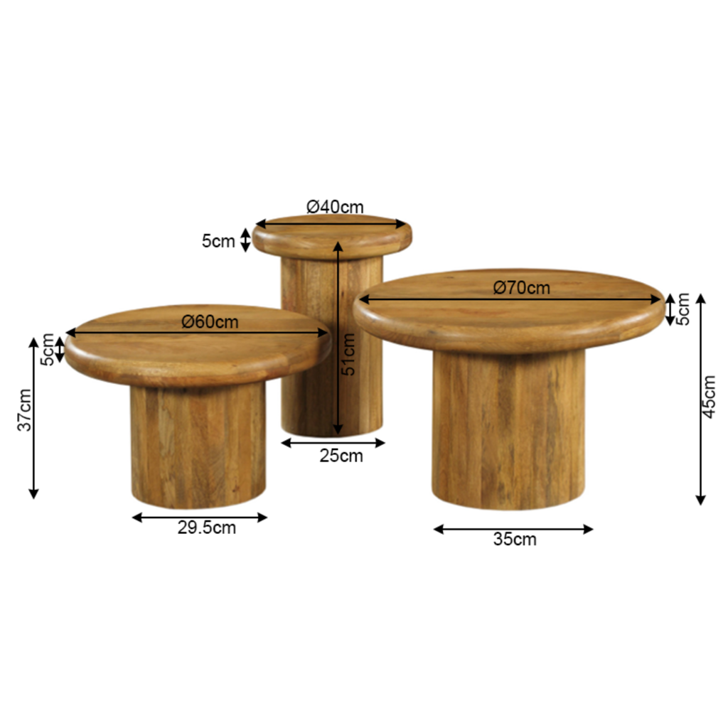 Couchtisch-Set Maya – 3 runde Tische aus massivem Mangoholz, Ø70/60/40 cm, flexibel & modern, stilvoller Blickfang