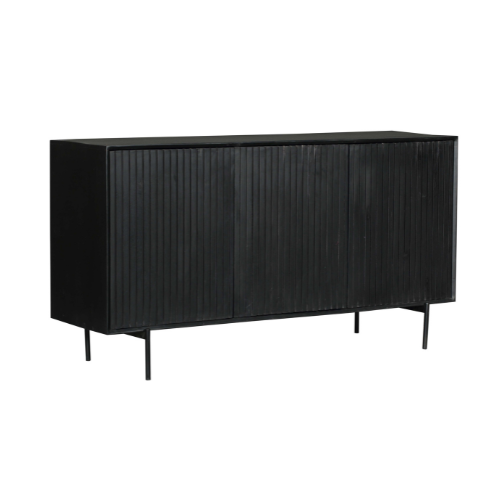 Sideboard Mandy Schwarz – Mangoholz mit Metallrahmen, 3 Türen im Latten-Design, 165 x 45 x 85 cm