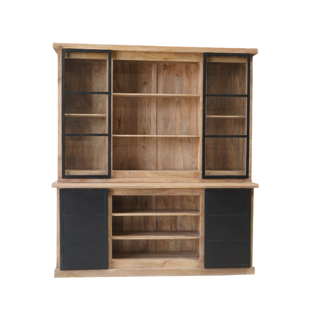 Vitrinenschrank Nizza 200x45x220 cm – Mangoholz Schrank mit 2 Türen & 6 Schubladen im modernen Design