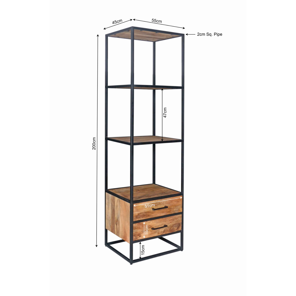 Bücherregal Delta Natur – Mangoholz Regal mit 2 Schubladen & Ablagen, 55×45×200 cm, Metallrahmen schwarz