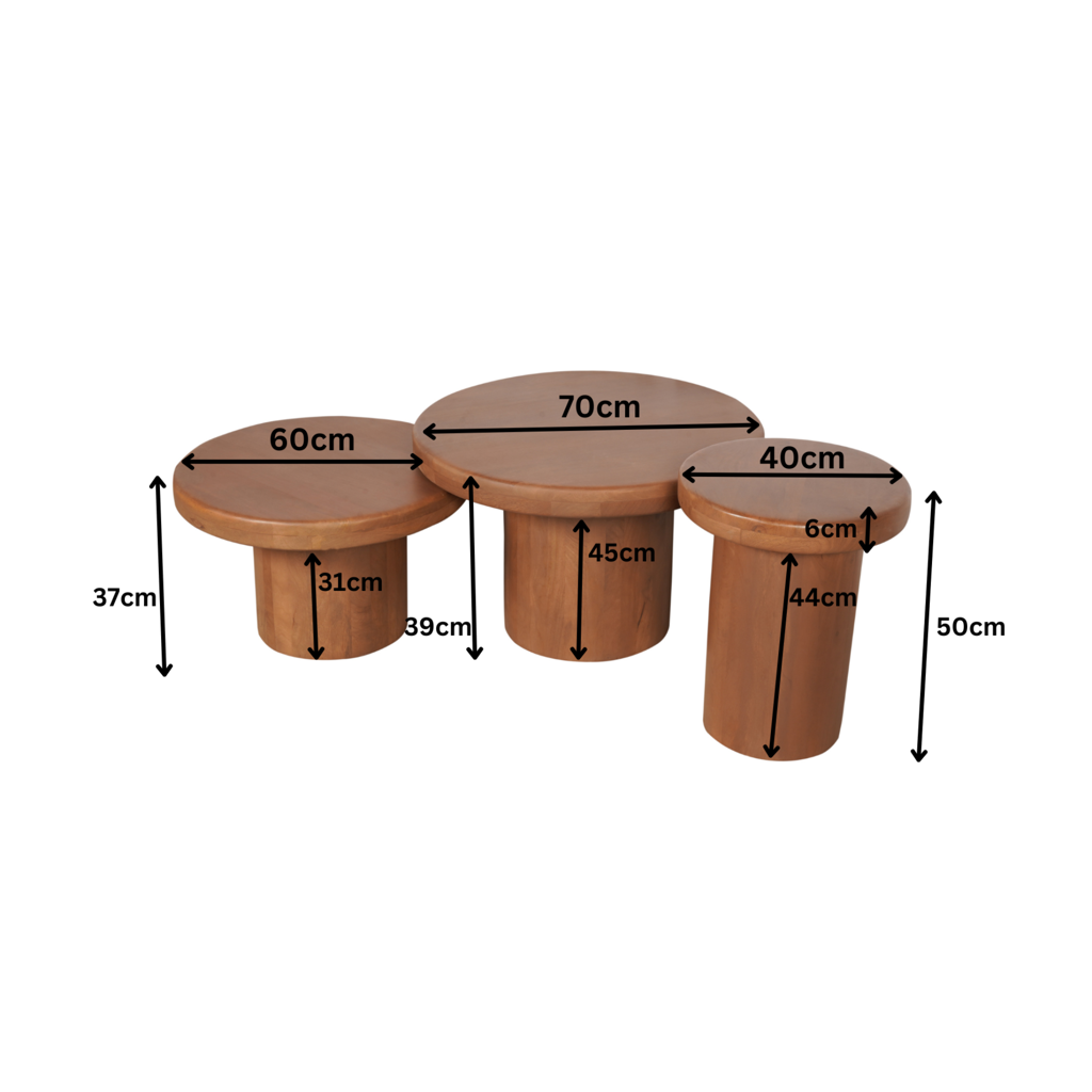 Couchtisch-Set Maya – 3 runde Tische aus massivem Mangoholz, Ø70/60/40 cm, flexibel & modern, stilvoller Blickfang