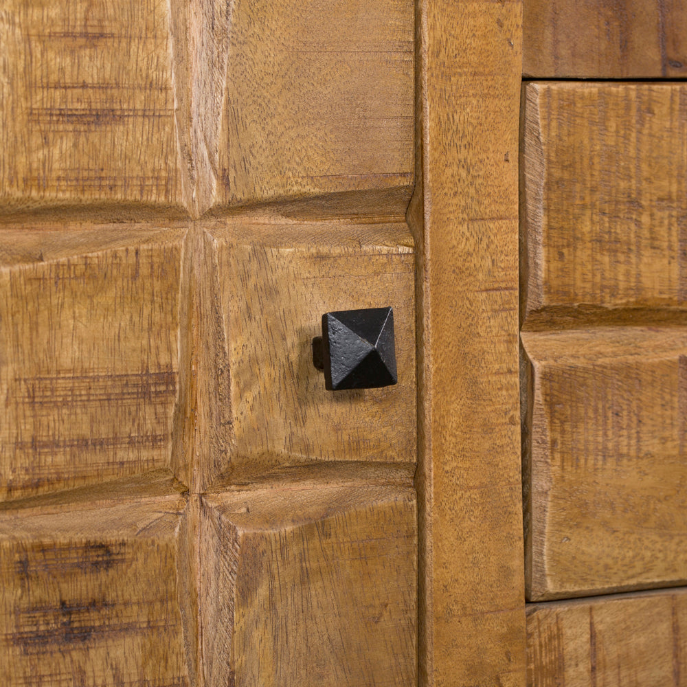 Sideboard Jacky Natur  – Mangoholz mit Metallbeinen, 2 Türen & 3 Schubladen, geschnitztes Blockmuster, 160 x 40 x 90 cm