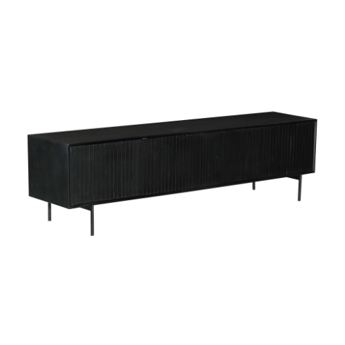 TV-Schrank Mandy Schwarz – Mangoholz TV-Board mit Metallrahmen & Lamellen-Front, 210×55×45 cm, 4 Türen im modernen Design