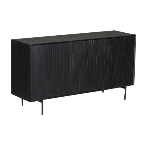 Sideboard Mandy Schwarz – Mangoholz mit Metallrahmen, 3 Türen im Latten-Design, 165 x 45 x 85 cm