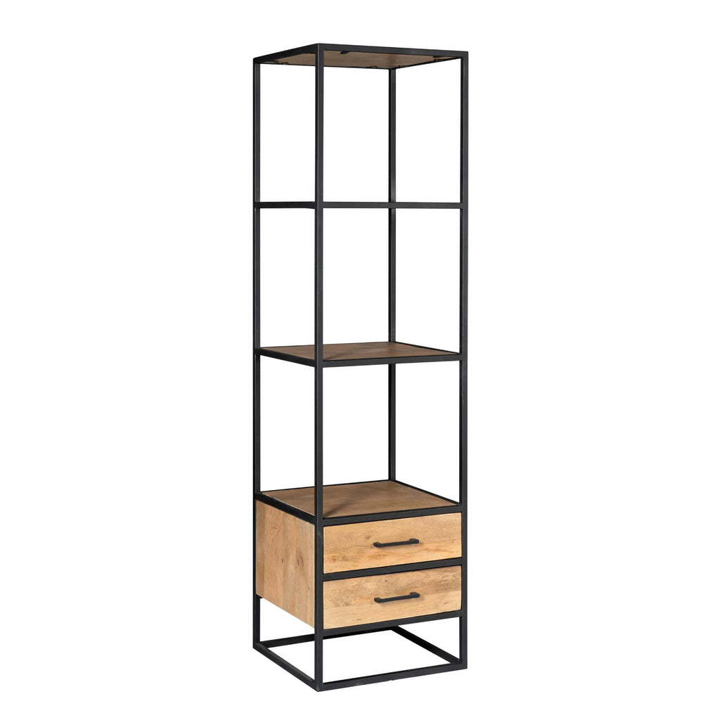 Bücherregal Delta Natur – Mangoholz Regal mit 2 Schubladen & Ablagen, 55×45×200 cm, Metallrahmen schwarz