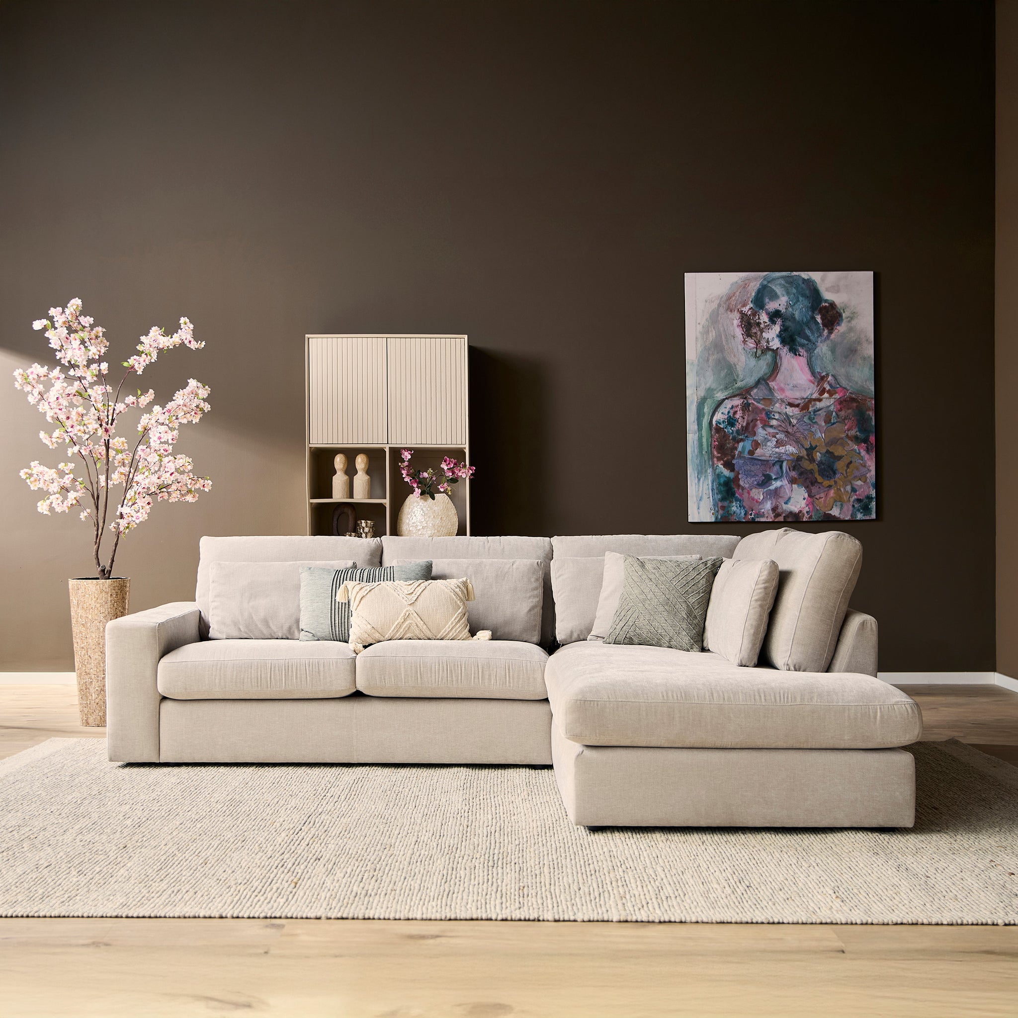 Ecksofa Jazz MeinLieblingsplatz – 2,5-Sitzer und Ottomane rechts in Beige, inkl. Kissen